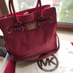Michael Kors Large Hamilton Pink Ostrich Handbag